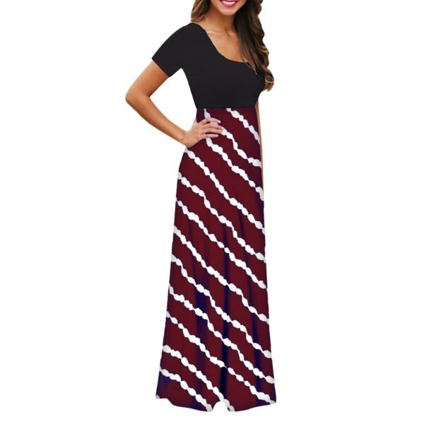 LuckeLadybug fashion print maxi dress with black short sleeve top and maroon patterned skirt
