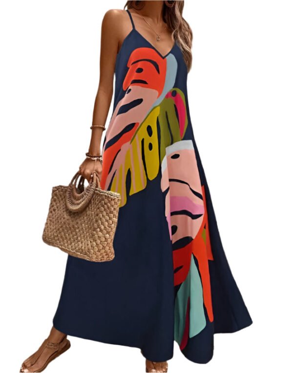 LuckeLadybug fashionable maxi dress for women with colorful abstract leaf print and spaghetti straps