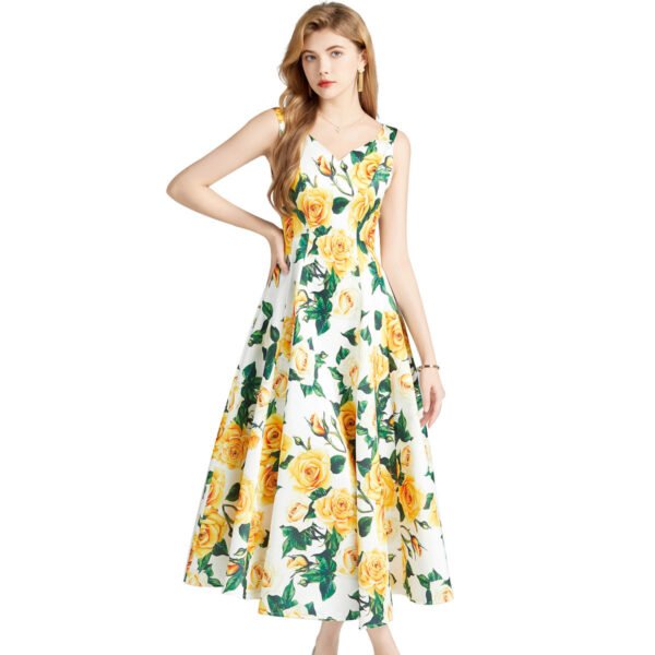 Yellow Rose V-Neck Waist Slimming A-Line Dress 5 Yellow Rose V-Neck Waist Slimming A-Line Dress LuckeLadybug white floral V-neck midi dress with yellow roses sleeveless fitted bodice waist slimming A-line dress
