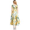 LuckeLadybug back view waist slimming A-line dress white midi with yellow rose print sleeveless fitted bodice and flared skirt