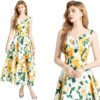 LuckeLadybug white floral midi dress with yellow roses sleeveless V neck waist slimming A-line dress
