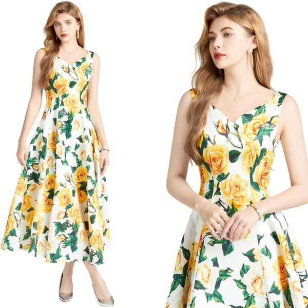 Yellow Rose V-Neck Waist Slimming A-Line Dress 2 Yellow Rose V-Neck Waist Slimming A-Line Dress LuckeLadybug white floral midi dress with yellow roses sleeveless V neck waist slimming A-line dress