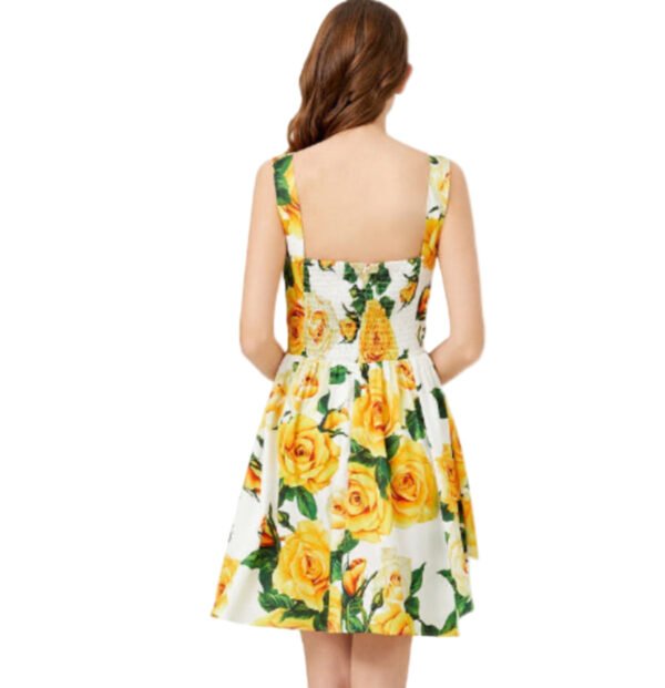 Yellow Rose V-Neck Waist Slimming A-Line Dress 6 Yellow Rose V-Neck Waist Slimming A-Line Dress LuckeLadybug white floral dress with yellow roses, smocked square back and tie waist waist slimming A-line dress