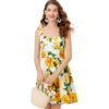 LuckeLadybug floral white dress with yellow roses sleeveless square neckline holding straw basket waist slimming A-line dress
