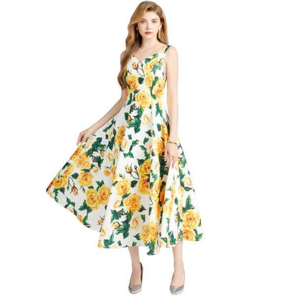 Yellow Rose V-Neck Waist Slimming A-Line Dress 7 Yellow Rose V-Neck Waist Slimming A-Line Dress LuckeLadybug white midi dress with yellow rose print sleeveless waist slimming A-line dress for summer