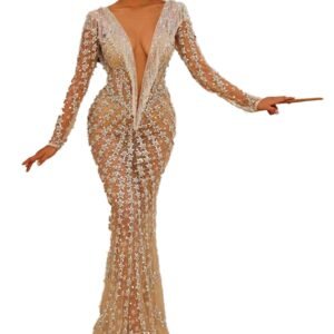 LuckeLadybug embellished sheer gown with plunging V neck long sleeves and train backless fishtail dress for formal events