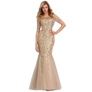 LuckeLadybug champagne sequin mermaid evening gown for women with illusion neckline short sleeves and tulle fishtail