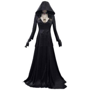 Evil Vampire Lady Cosplay Halloween Costume Dress long black hooded gothic gown with fitted bodice and flowing skirt