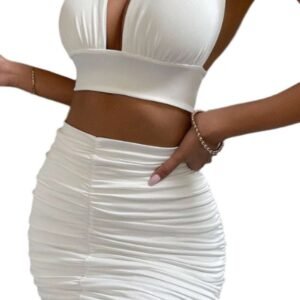 LuckeLadybug white halter top and skirt set for women with ruched skirt and deep V neckline