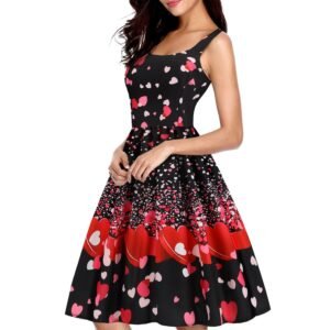 LuckeLadybug sleeveless fit and flare Valentine's Day heart print dress in black with red and pink hearts and scalloped hem