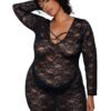 LuckeLadybug LLC black sheer chemise dress long sleeve lace bodycon with crisscross neckline on plus size model