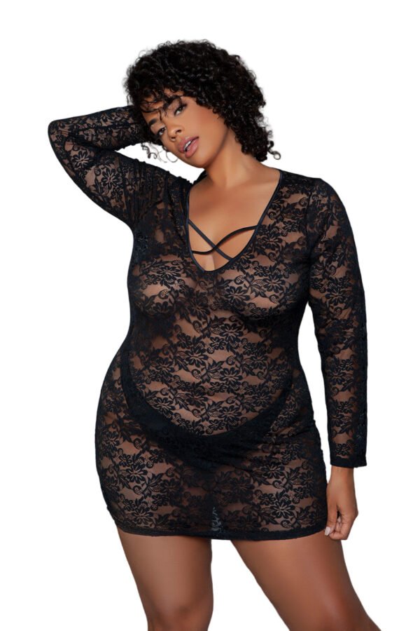 Black Sheer Chemise Dress Lace Long Sleeve 1 Black Sheer Chemise Dress Lace Long Sleeve LuckeLadybug LLC black sheer chemise dress long sleeve lace bodycon with crisscross neckline on plus size model