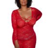 LuckeLadybug LLC model in red lace sheer chemise dress on gray background also available as black sheer chemise dress