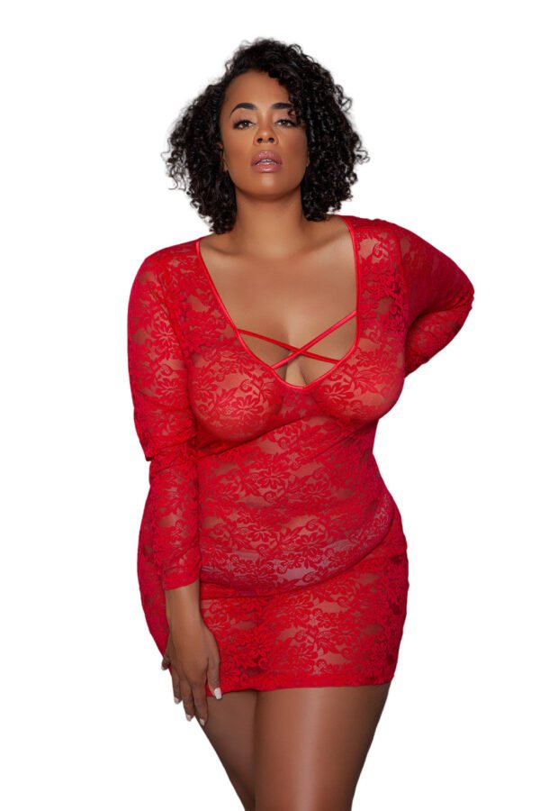 Black Sheer Chemise Dress Lace Long Sleeve 3 Black Sheer Chemise Dress Lace Long Sleeve LuckeLadybug LLC model in red lace sheer chemise dress on gray background also available as black sheer chemise dress