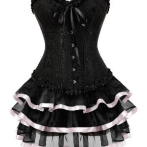 Black victorian tutu corset dress with brocade bodice front busk ruffle trim and layered tulle skirt with pink satin edge