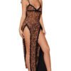 LuckeLadybug leopard print maxi dress with black lace trim and thigh-high slits