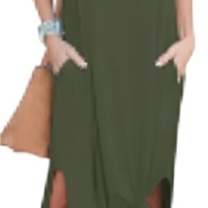 LuckeLadybug loose pocket long dress for women in olive green with side slits and short sleeves