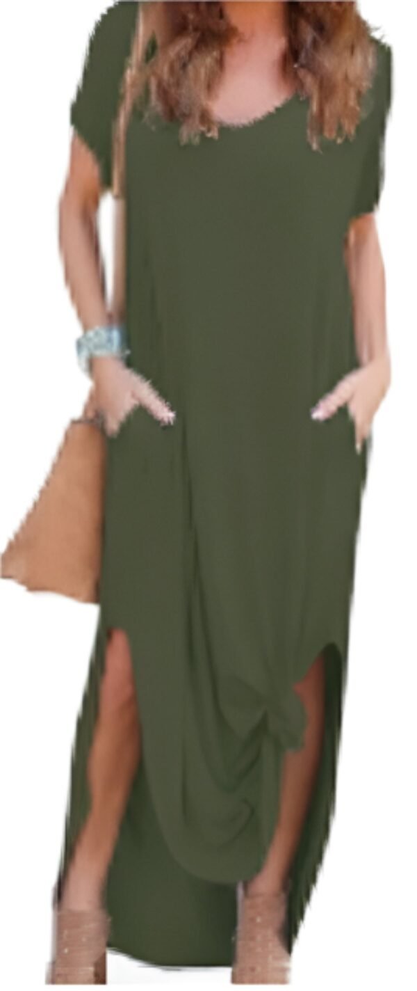 Loose Pocket Long Dress For Women 1 Loose Pocket Long Dress For Women LuckeLadybug loose pocket long dress for women in olive green with side slits and short sleeves