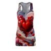 Love-inspired racerback dress with vibrant red heart design and swirling colorful patterns