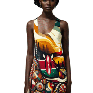 luckeladybug racerback African abstract print dress with vibrant multicolor geometric patterns
