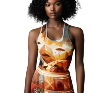 African abstract racerback dress featuring warm earth tones and geometric patterns