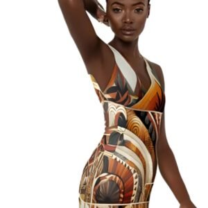 African inspired racerback dress with vibrant geometric patterns worn by model