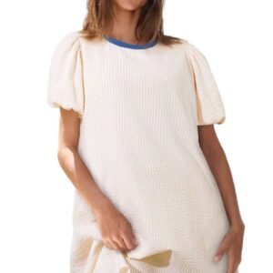LuckeLadybug LLC beige stripe seersucker dress t-shirt dress with puff sleeves