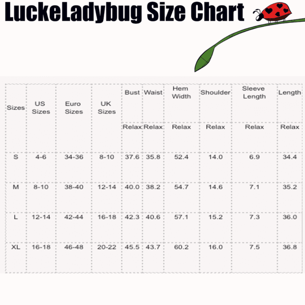 LuckeLadybug size chart for beige stripe seersucker dress in sizes S to XL with detailed measurements