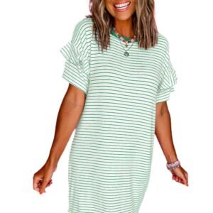 LuckeLadybug LLC striped crew neck summer dress women casual t-shirt dress with short sleeves