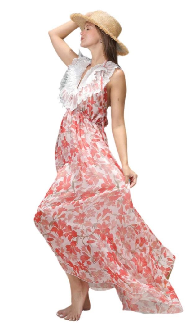 LuckeLadybug floral maxi dress for women with red and white floral pattern and ruffled neckline