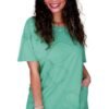Mint Green T Shirt Dress With Flower Detail 3 Mint Green T Shirt Dress With Flower Detail Woman wearing a mint green t shirt dress with floral stitch details and short sleeves