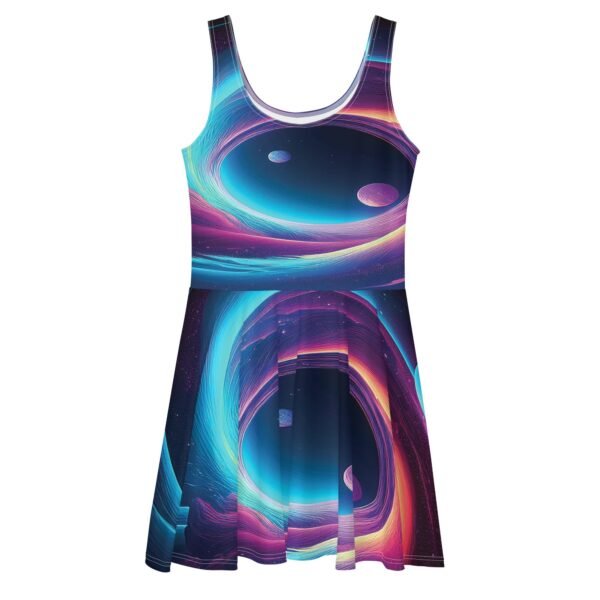 Luckeladybug Neon Galaxy Skater Dress - Trendy Fit 2 Luckeladybug Neon Galaxy Skater Dress - Trendy Fit LuckeLadybug neon galaxy skater dress with vibrant blue and purple space swirl design