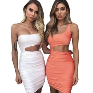 LuckeLadybug one shoulder mini dress in white and coral with cutout detail and ruched design