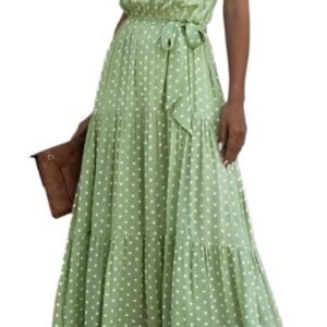 LuckeLadybug polka dot lace maxi dress in green with halter neck and waist tie detail