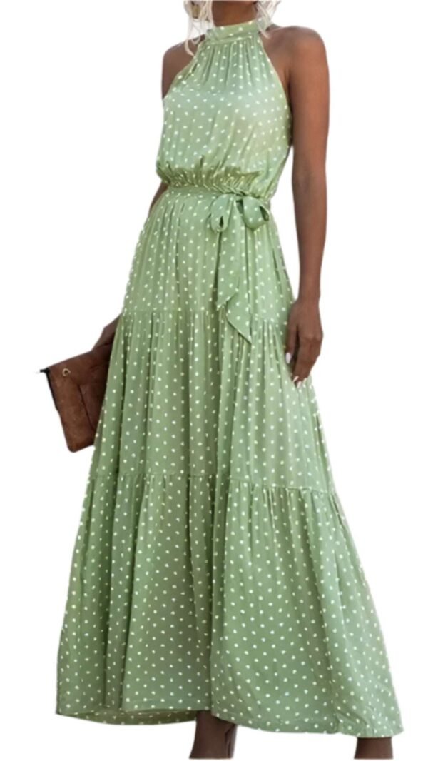 LuckeLadybug polka dot lace maxi dress in green with halter neck and waist tie detail