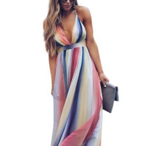 Woman wearing colorful rainbow maxi dress for women with deep V neckline and flowing skirt