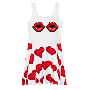 LuckeLadybug red lips summer dress for women with sleeveless skater style and heart pattern skirt