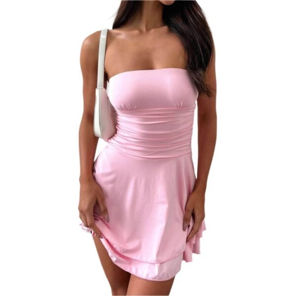 LuckeLadybug sexy tight dress for women in light pink strapless design with ruched waist