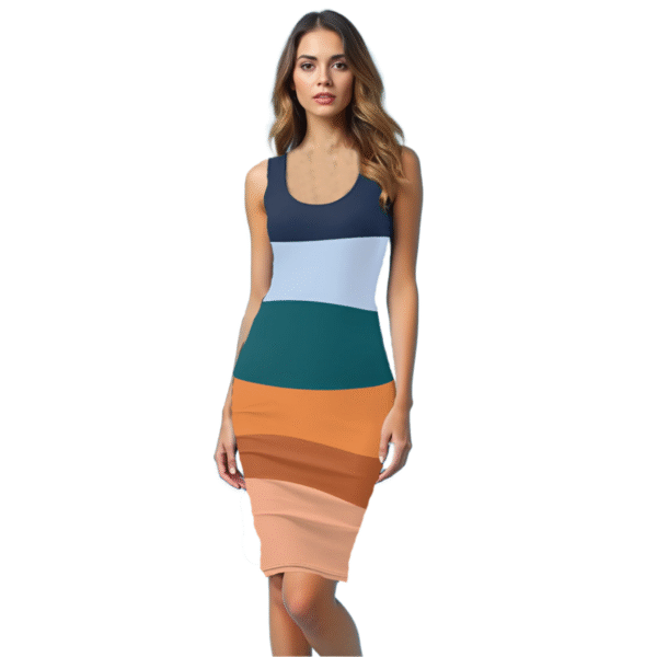 Striped Bodycon Dress Tank Dress For Women 1 Striped Bodycon Dress Tank Dress For Women Luckeladybug striped bodycon dress tank style with navy blue, light blue, green, orange, and peach color blocks