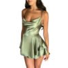 LuckeLadybug satin suspender dress for women in olive green with a draped neckline and flared skirt
