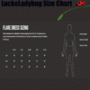 LuckeLadybug flare dress sizing chart showing bust waist and hips measurements for women's cosmic fashion dress