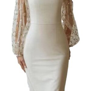 Model wearing LuckeLadybug women's embroidered sheath dress in ivory with square neckline and sheer puff sleeves