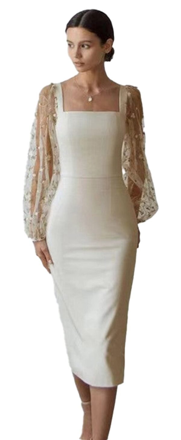 Model wearing LuckeLadybug women's embroidered sheath dress in ivory with square neckline and sheer puff sleeves