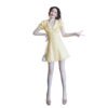 Model wearing LuckeLadybug bellflower a-line dress in pale yellow with ruffle collar puff sleeves and buttons