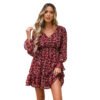 Floral Flare Sleeve Dress Red V-Neck Ruffle 4 Floral Flare Sleeve Dress Red V-Neck Ruffle LuckeLadybug model wearing burgundy floral flare sleeve dress with V neck ruffled hem and cinched waist