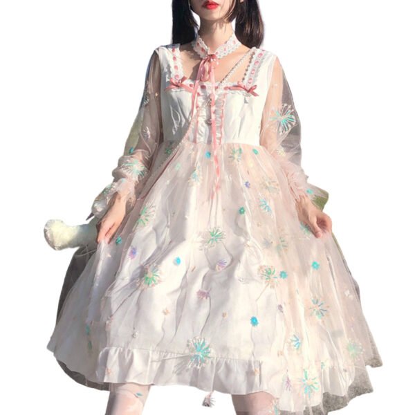 Lolita Puffy Princess Dress Embroidered Tulle 2 Lolita Puffy Princess Dress Embroidered Tulle Model wearing Lolita puffy princess dress in pastel pink sheer tulle with floral embroidery bows and lace trim