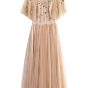 LuckeLadybug blush tulle fit and flare mesh flare sleeve dress with floral embroidery and floor length skirt