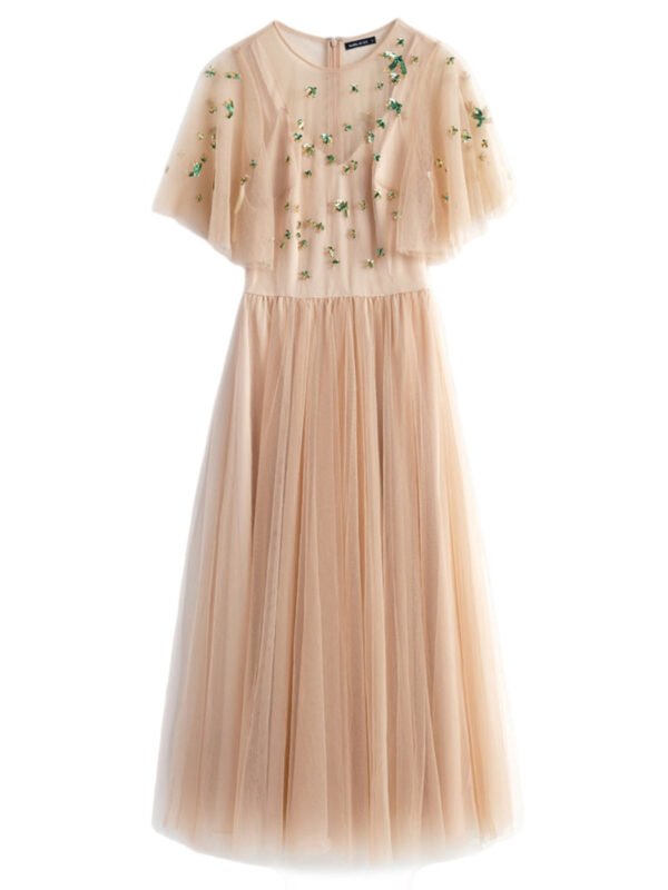 LuckeLadybug blush tulle fit and flare mesh flare sleeve dress with floral embroidery and floor length skirt
