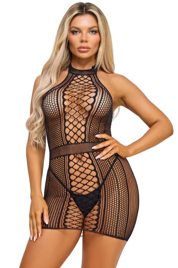 LuckeLadybug LLC black fishnet bodystocking halter with geometric pattern and fitted silhouette Bodycon Mini Dress for nightwear