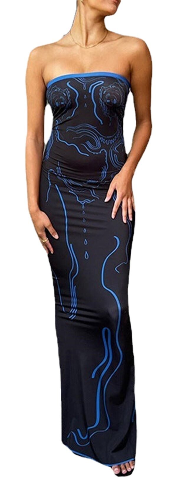 Celebrity Inspired Long Dress Strapless Slit 1 Celebrity Inspired Long Dress Strapless Slit LuckeLadybug strapless black maxi with blue contour print fitted tube silhouette and floor length celebrity inspired long dress